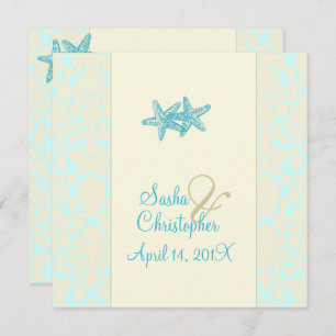 AQUA STARFISH+DAMASK WEDDING INVITATIONS KAART