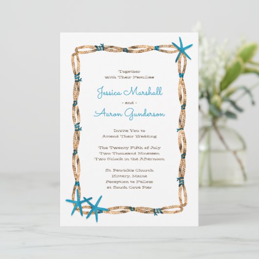 Aqua Starfish en Burlap Wedding Kaart (Staand voorkant)