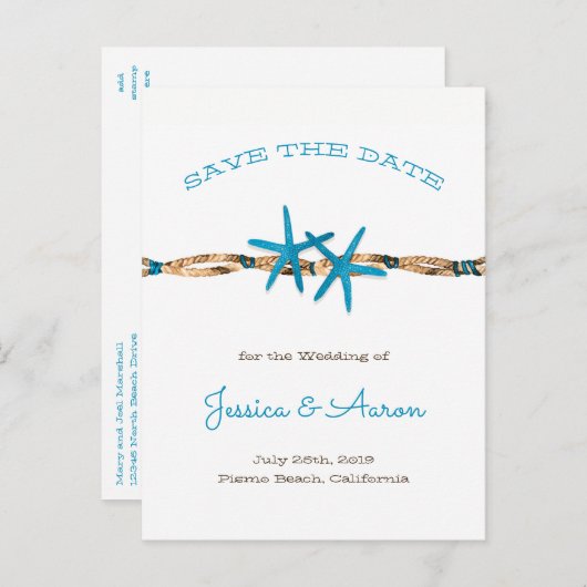 Aqua Starfish en Rope slaan de datum op Aankondigingskaart (Voorkant / Achterkant)