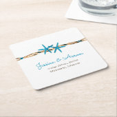 Aqua Starfish en Touw Trouwen Vierkante Kartonnen Onderzetter (Schuin)