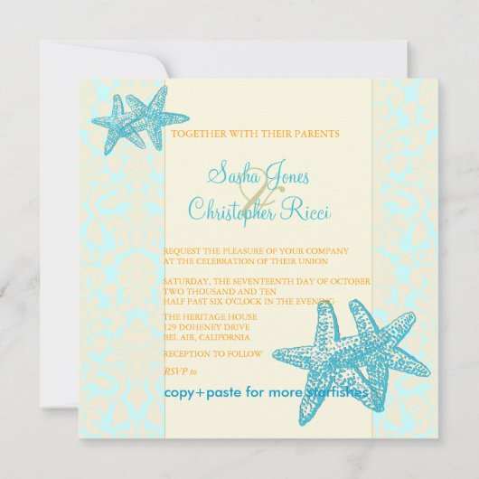 AQUA STARFISH+MARIAGE DAMASSÉ INVITATIONS (Dos)