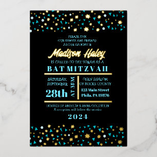 Aqua Stars Bar Bat mitzvah Invitation Gold Foil