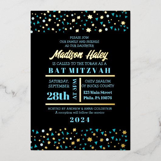 Aqua Stars Bar Bat mitzvah Invitation Gold Foil (Recto)