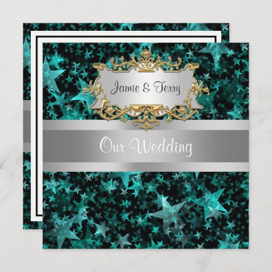 Aqua Stars Gris Ribbon Faire-part de mariage (Devant / Derrière)