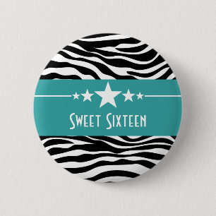 Aqua Stars Zebra Print Sweet 16 Button