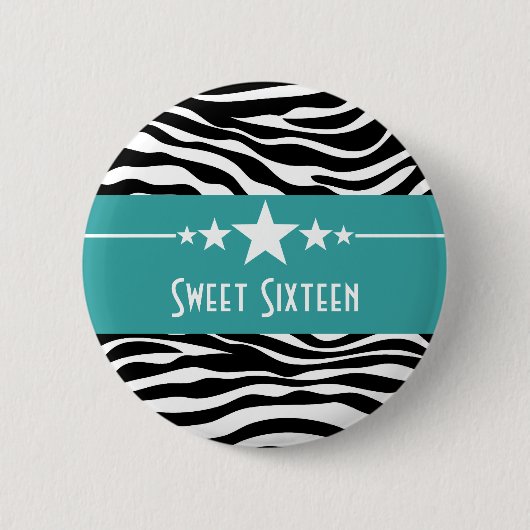 Aqua Stars Zebra Print Sweet 16 Button (Voorkant)