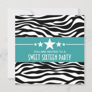 Aqua Stars Zebra Print Sweet 16 Invitation