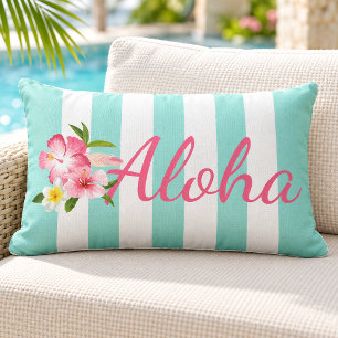 Aqua Streep Aloha Hibiscus Tropisch Buitenkussen