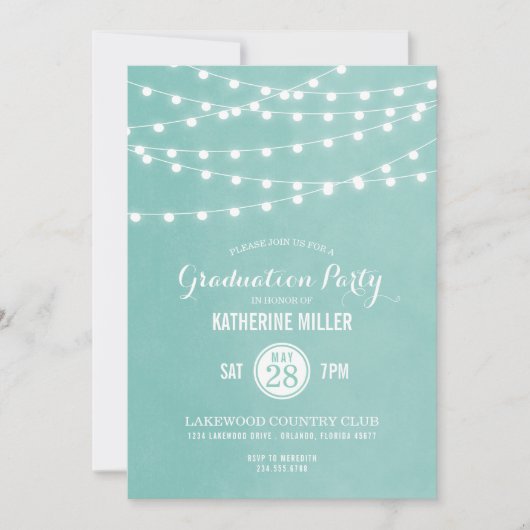 Aqua String Lights Graduation Party Invitation (Devant)