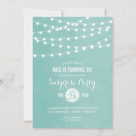 Aqua String Lights Surprise Party Invitation (Devant)