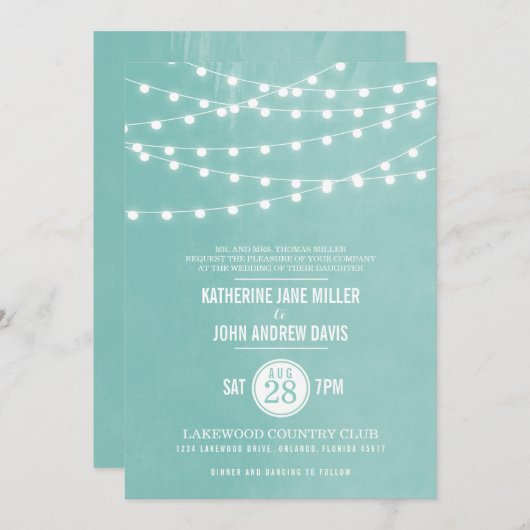 Aqua String Lights Wedding Uitnodiging (Voorkant / Achterkant)