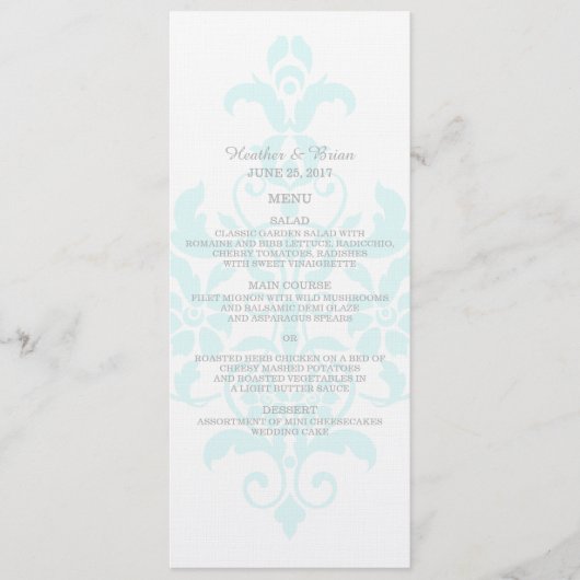 Aqua Subtle Damask Wedding Menu (Voorkant)