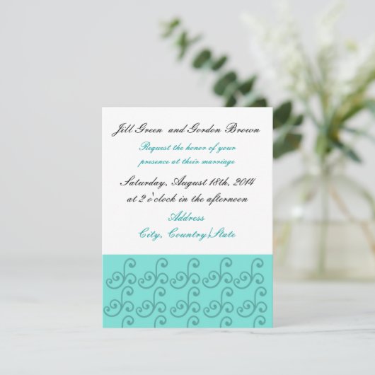 Aqua Swirl Wedding Invitation Kaart (Staand voorkant)