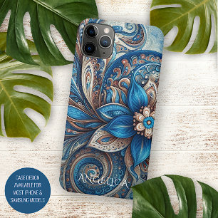 Aqua Teal Azure Blauw Beige Paisley Kunst Patroon iPhone 11 Pro Max Hoesje