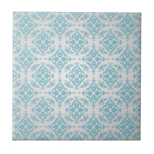 Aqua Teal Blauw en Zilver Damast Tegeltje