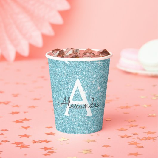 Aqua Teal Blauwe Glitter en Glans Monogram Papieren Bekers (Insitu)