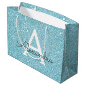 Aqua Teal Blue Glitter & Sparkle Monogram Groot Cadeauzakje (Achterkant Gekanteld)