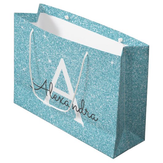 Aqua Teal Blue Glitter & Sparkle Monogram Groot Cadeauzakje (Voorkant Gekanteld)