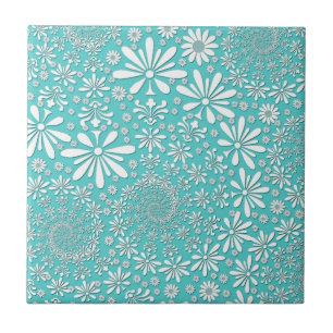 Aqua Teal en Witte Lente Bloemen Patroon Tegeltje