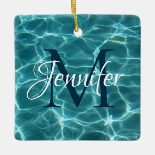 Aqua Teal en Witte Zwembad Foto Monogram Keramisch Ornament