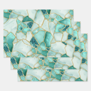 Aqua Teal Goud Aquarel Zee Glas Mozaïek Patroon Inpakpapier Vel