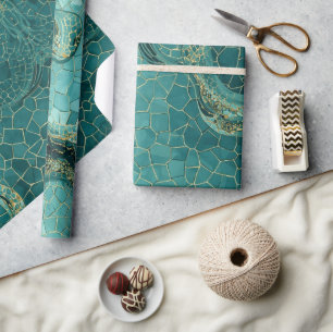 Aqua Teal Goud Mozaïek Waterverf Zee Glas patroon Cadeaupapier