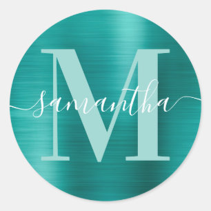 Aqua Teal Moderne Handtekening Monogram Folie Ronde Sticker