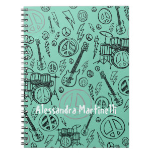 Aqua Teal Muziek Doodles Gitaren & Drums Aangepast Notitieboek