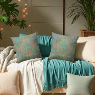 Aqua Teal over Bruine Vintage Damast Design Kussen
