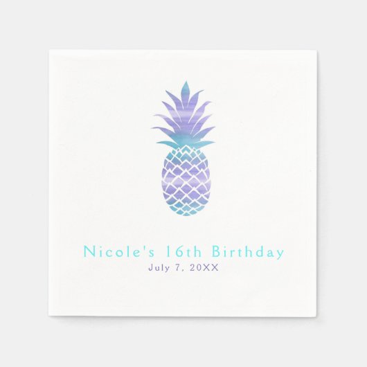 Aqua Teal & Paarse Ananas Tropisch Chic Feestje Servet (Voorkant)