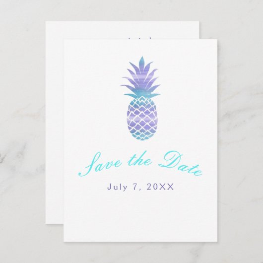 Aqua Teal Paarse Ananas Tropisch Save the Date Aankondigingskaart (Voorkant / Achterkant)