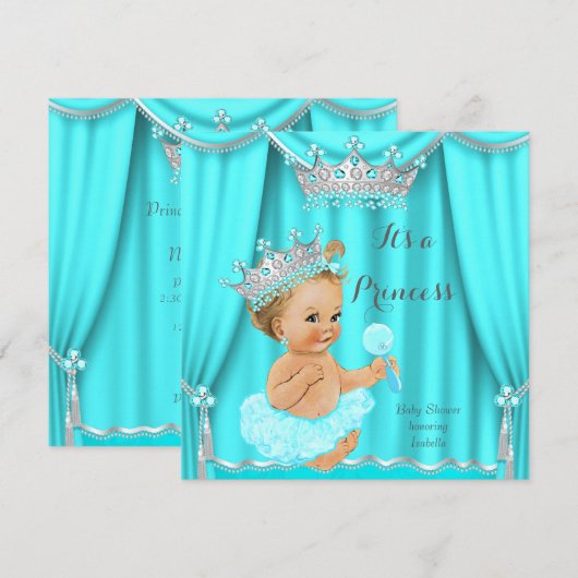 Aqua Teal Prinses Baby Shower Zilver Blond Kaart (Voorkant / Achterkant)