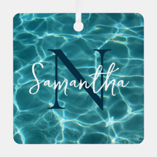 Aqua Teal Zwembad Foto Monogram Metalen Ornament