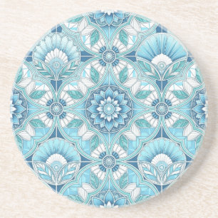 Aqua, Teals, Blauw & Wit Art Deco Kust Zandsteen Onderzetter