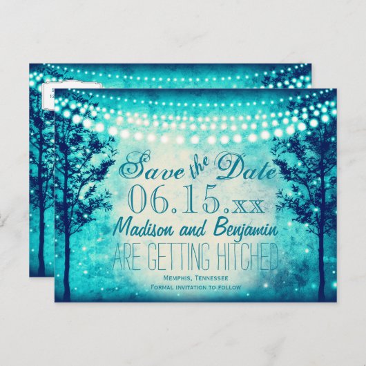 Aqua Trees String Lights Enregistrer la date Carte (Devant / Derrière)