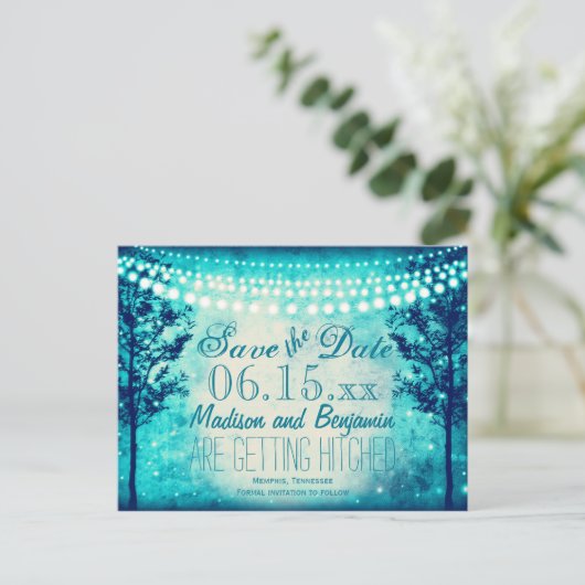 Aqua Trees String Lights Enregistrer la date Carte (Debout devant)