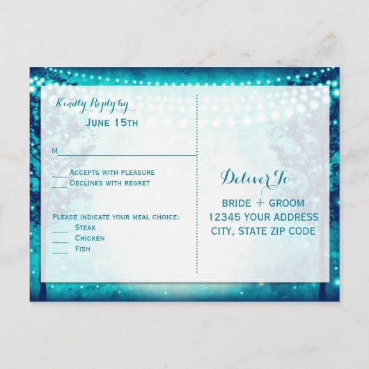 Aqua Trees String Lights Wedding RSVP BRIEFKAARTEN (Achterkant)