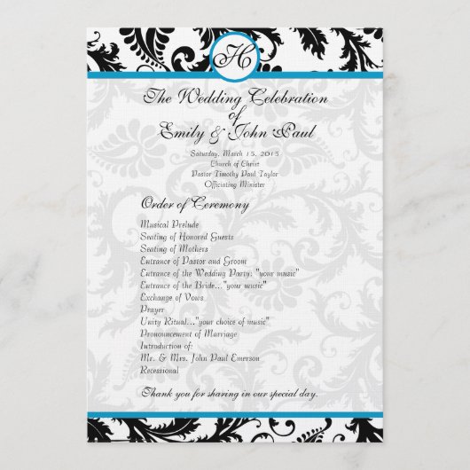 Aqua Trim Black Damask Wedding Program Programma (Voorkant)