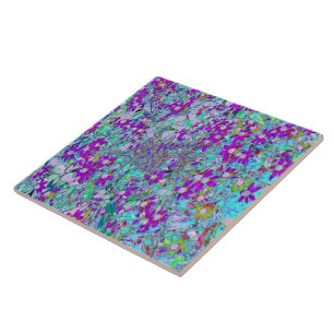 Aqua Tuin met Paarsblauw en Heet Roze Bloemen Tegeltje