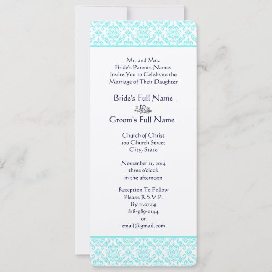 Aqua Turquiose Navy Blue Damask Wedding Invitation Kaart (Voorkant)