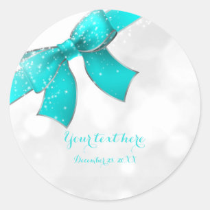 Aqua Turquoise Blauwe Strik & Glitters Chic Feest Ronde Sticker