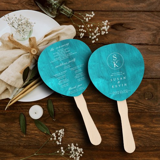 Aqua Turquoise & Blauwgroen Waterverf Trouwprogram Handwaaier