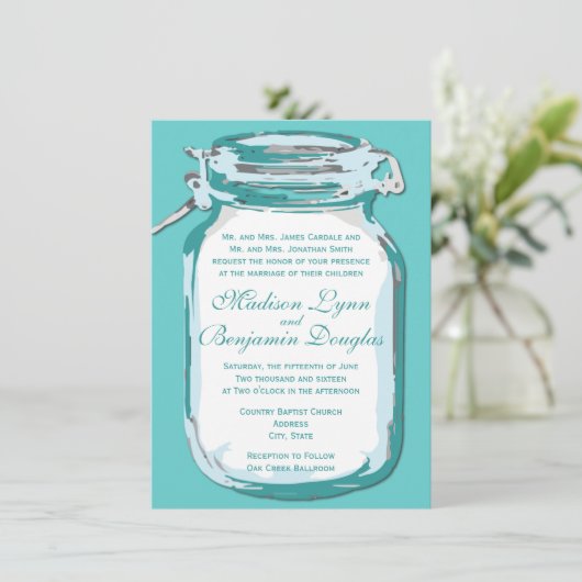 Aqua Turquoise bleu Mason Jar Rustique Faire-part  (Debout devant)