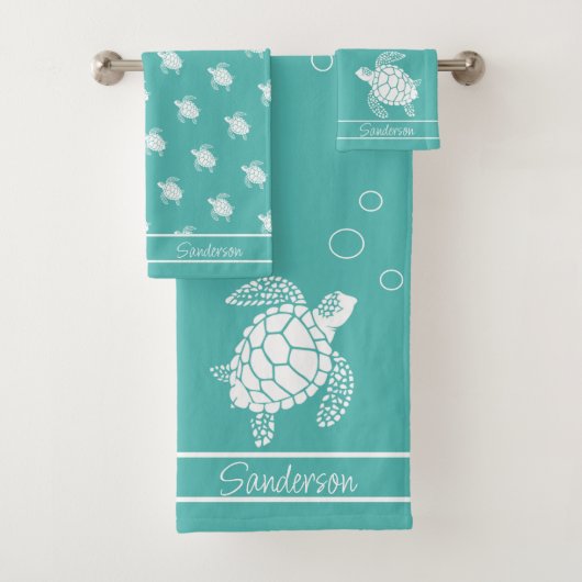 Aqua Turquoise bleu Monogramme Turtle de mer blanc (En situation)