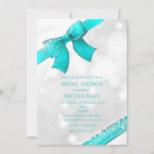 Aqua Turquoise Blue Bow & Sparkles Chic Invitation (Devant)