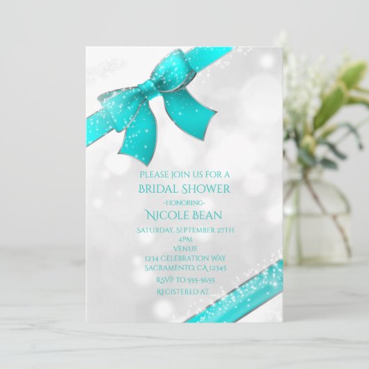 Aqua Turquoise Blue Bow & Sparkles Chic Invitation (Debout devant)