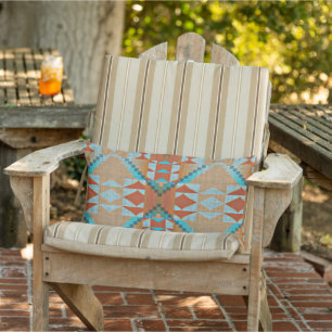 Aqua Turquoise Blue Oranje Brown Tribal Pattern Buitenkussen