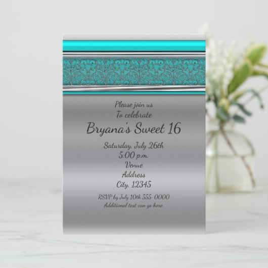 Aqua Turquoise Blue & Silver Sweet 16 Invitations (Debout devant)