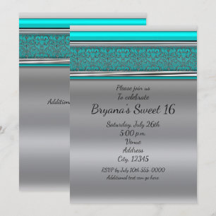Aqua Turquoise Blue & Silver Sweet 16 Uitnodiginge Kaart