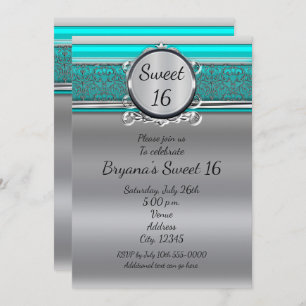 Aqua Turquoise Blue & Silver Sweet 16 Uitnodiginge Kaart